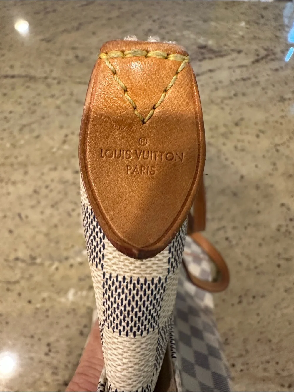Louis Vuitton White Checkered Damier Azur Tote with Tan Leather Straps